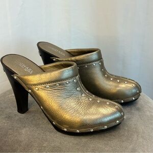 MICHEAL Michael Kors gold bronze metallic studded clog mules wooden heel Sz 8